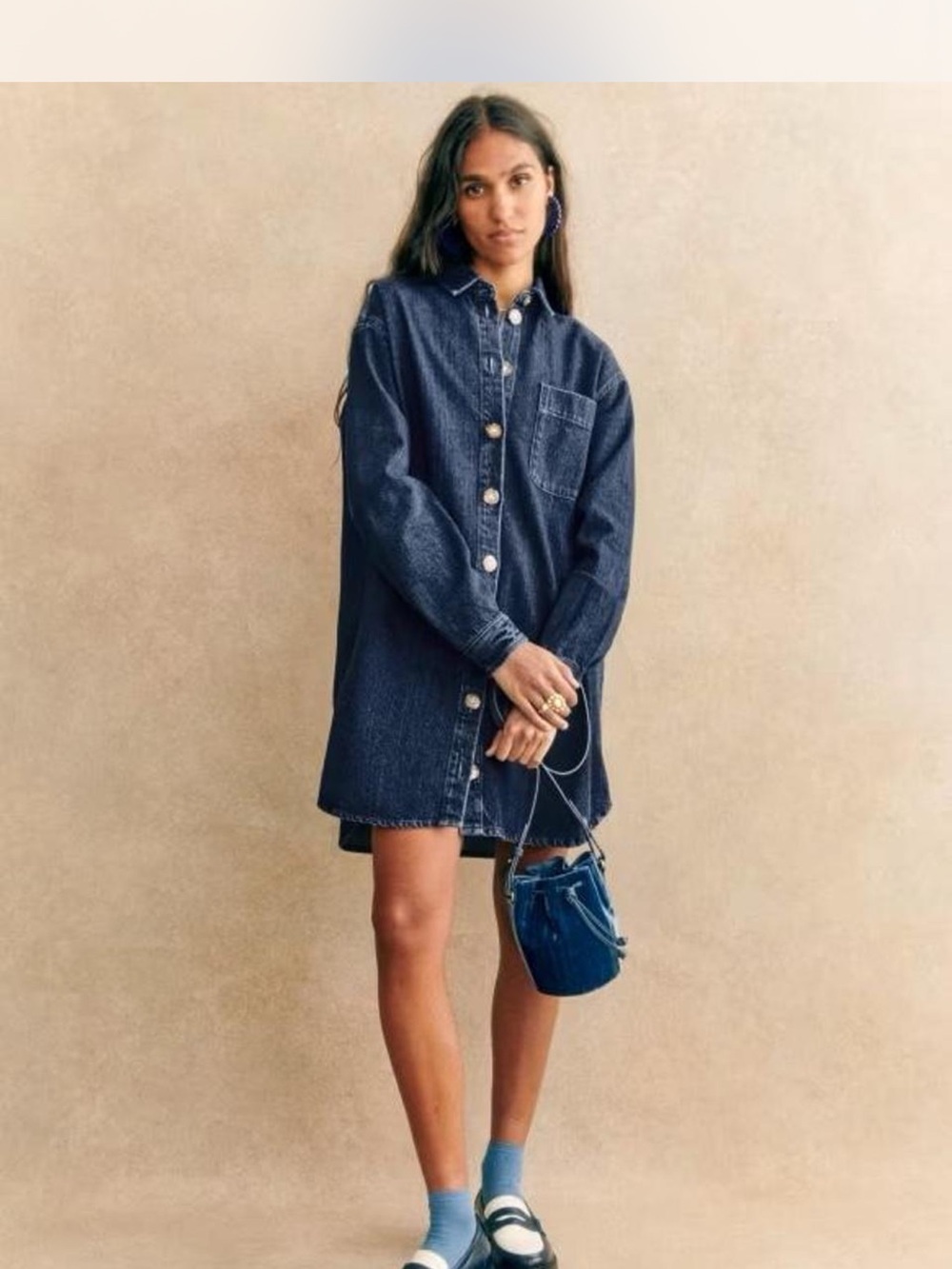 Sezane Dark Indigo Denim Shirt Dress